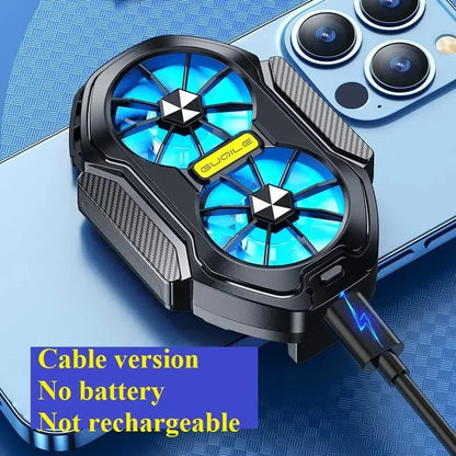 Black dual-fan phone cooler with blue LED lights attached to blue smartphone camera area, cable powered cooling device