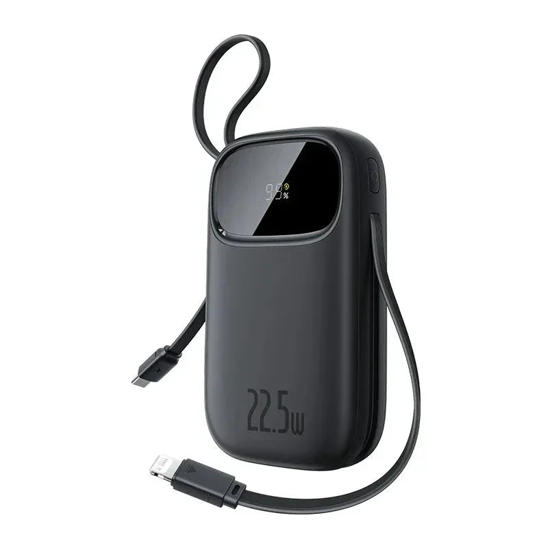 Black portable power bank with digital display, 22.5W output, and attached charging cables