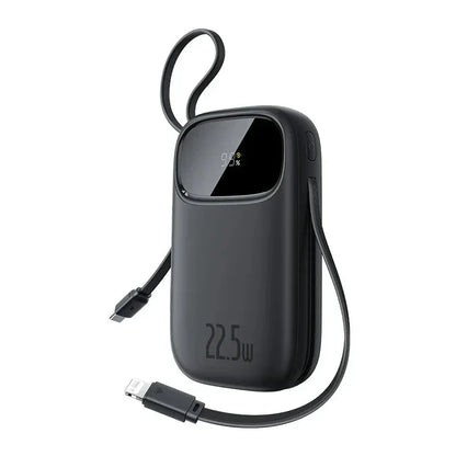 Black portable power bank with digital display, 22.5W output, and attached charging cables