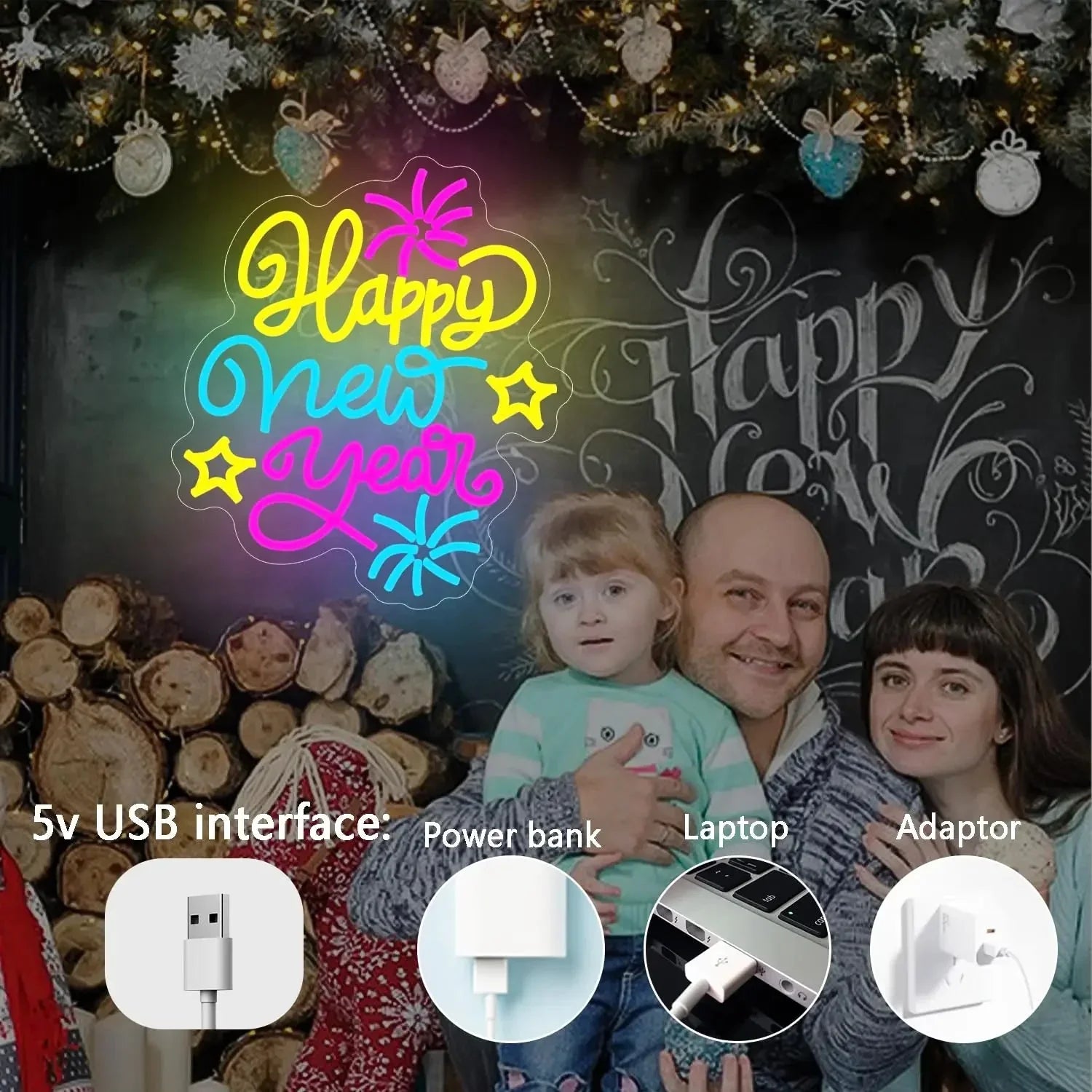 Happy New Year LED Neon Sign – Multicolored Dimmable Wall Light | USB Powered Party & Holiday Decor - Wahtrends