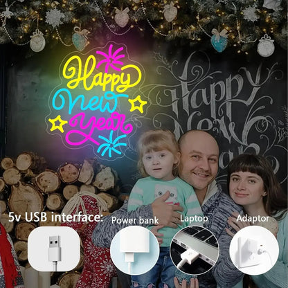 Happy New Year LED Neon Sign – Multicolored Dimmable Wall Light | USB Powered Party & Holiday Decor - Wahtrends