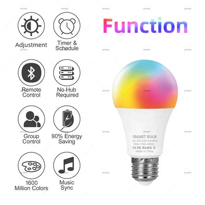 Tuya Bluetooth Smart LED Bulb Dimmable RGBCW - Color Changing Light Bulb E27 B22 15W 18W Smart Life App Music Sync - Wahtrends