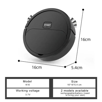 Black K16 compact round robotic vacuum cleaner with side brushes and start button, measuring 16x16x5.4 cm