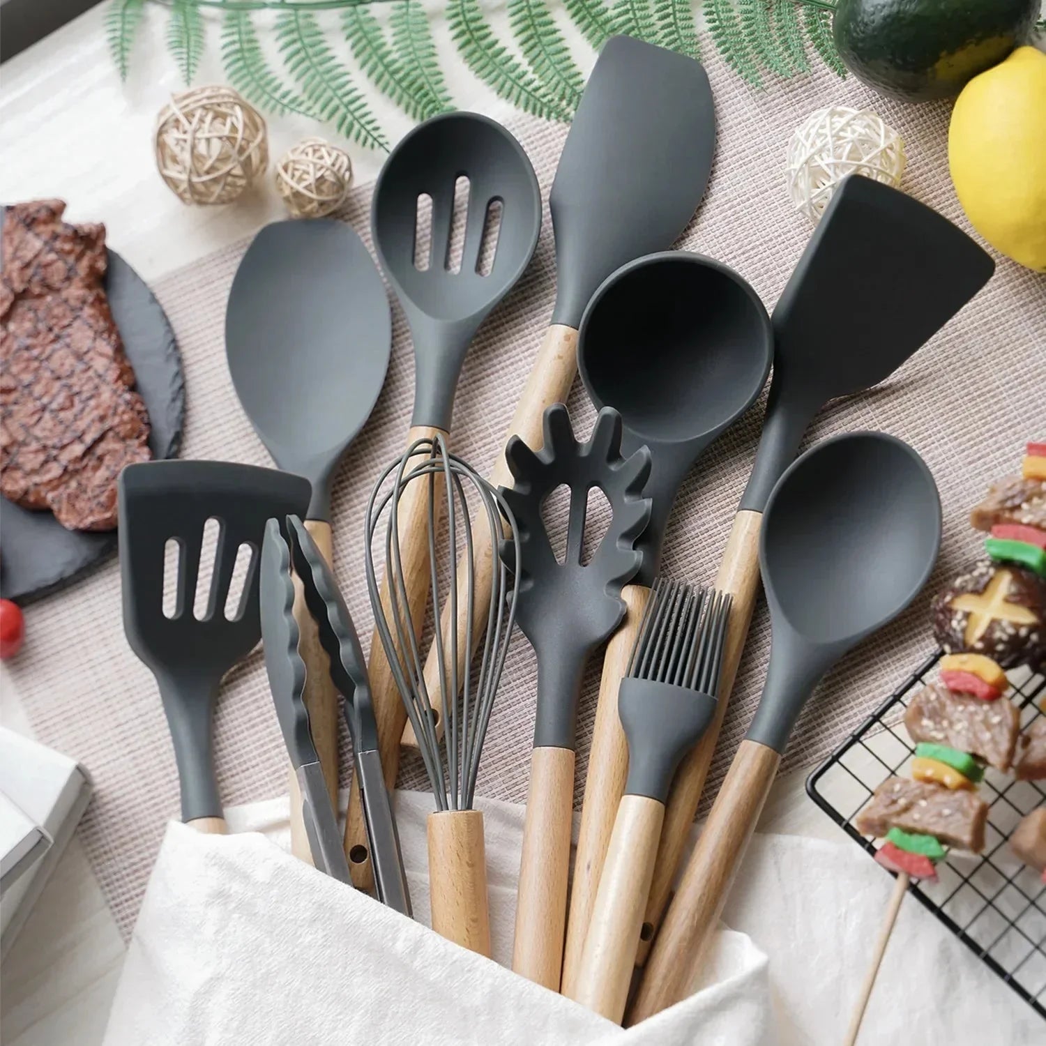 12-Piece Silicone Kitchen Utensils Set – Heat-Resistant Non-Stick Cooking Tools with Wooden Handles & Holder - Wahtrends