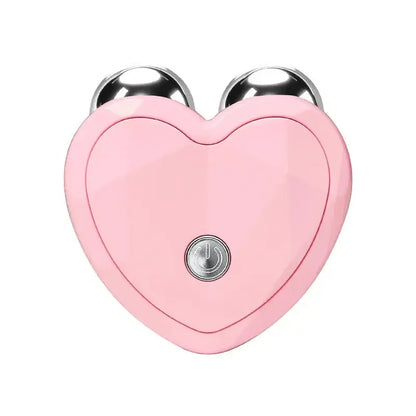 Pink heart-shaped handheld facial roller massager with two silver massage balls and power button