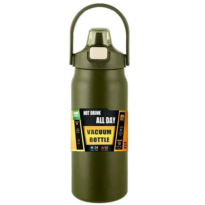 Olive green vacuum bottle with handle, hot drink all day label, BPA free, stainless steel