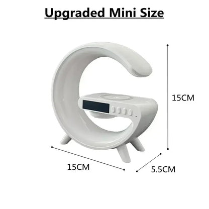 Upgraded mini size white modern alarm clock with digital display and curved design, 15 x 15 x 5.5 cm