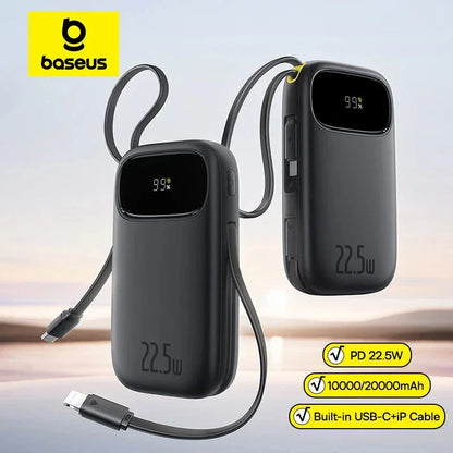 Baseus black portable power banks with 22.5W PD, 10000/20000mAh capacity, built-in USB-C and iP cables