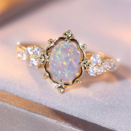 Best White Fire Opal Oval Stone Flower Ring for Woman AE