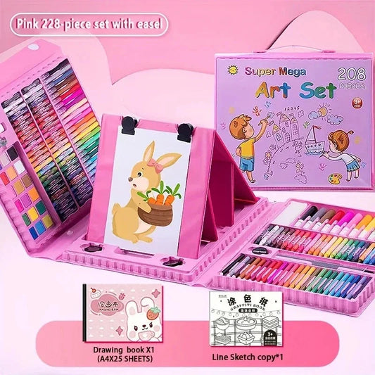 208-Piece Deluxe Kids Art Set – Pink Portable Easel Studio with Washable Markers, Crayons & Watercolours - Wahtrends