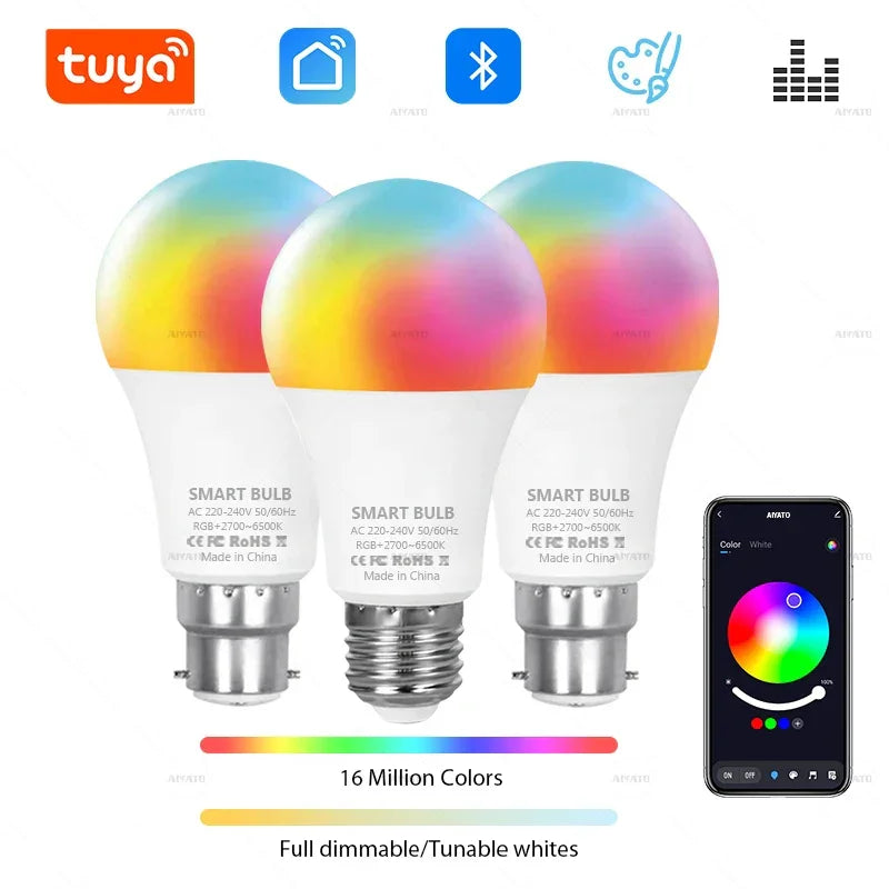 Tuya Bluetooth Smart LED Bulb Dimmable RGBCW - Color Changing Light Bulb E27 B22 15W 18W Smart Life App Music Sync - Wahtrends