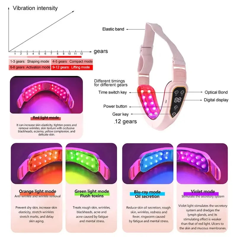 LED neck massager with 12 vibration gears and multi-color light therapy modes for skin care