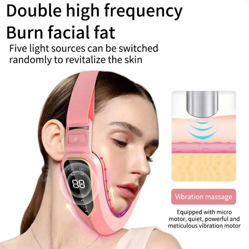 Woman wearing pink facial slimming device with digital display for high frequency fat burning and vibration massage