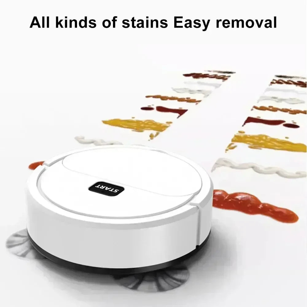White robotic vacuum cleaner with START button removing various colorful stains on white floor