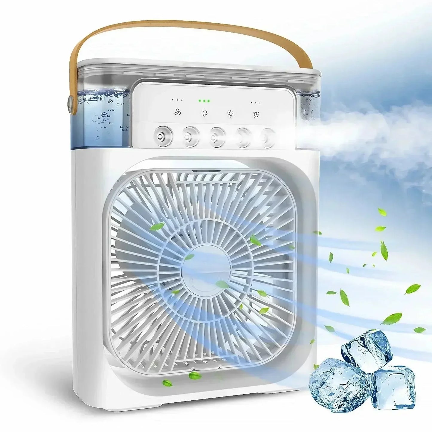 Compact white portable air cooler with fan, water tank, and leather handle, emitting cool mist with ice cubes and green leaves
