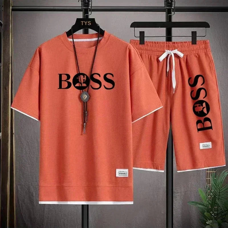 Orange casual short sleeve T-shirt and shorts set with BOSS logo print and white trim