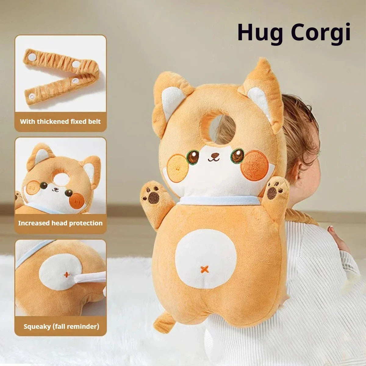 Baby wearing a plush Hug Corgi fall protection backpack with thickened belt and head protection