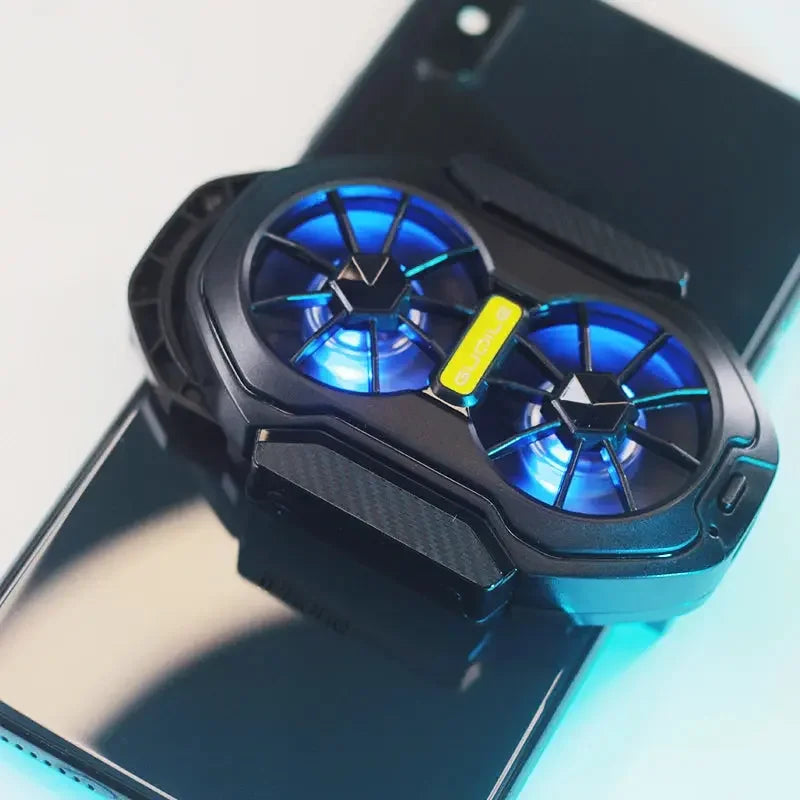 Black dual-fan mobile phone cooler with blue LED lights attached to a smartphone