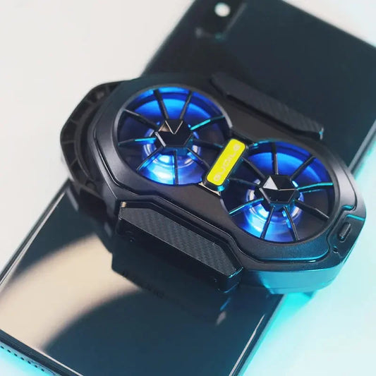 Black dual-fan mobile phone cooler with blue LED lights attached to a smartphone