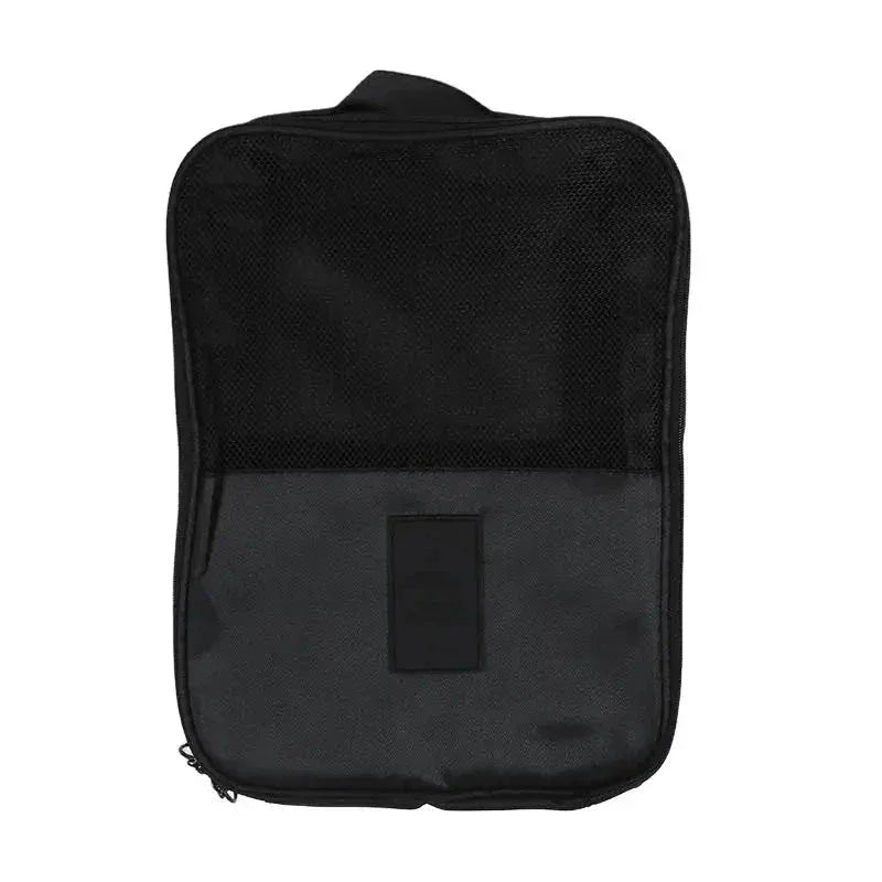 Black mesh and fabric travel organizer pouch with zipper and handle