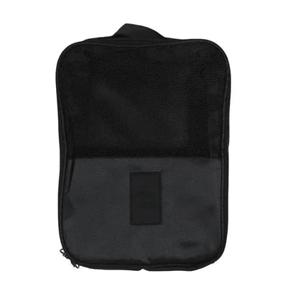 Black mesh and fabric travel organizer pouch with zipper and handle