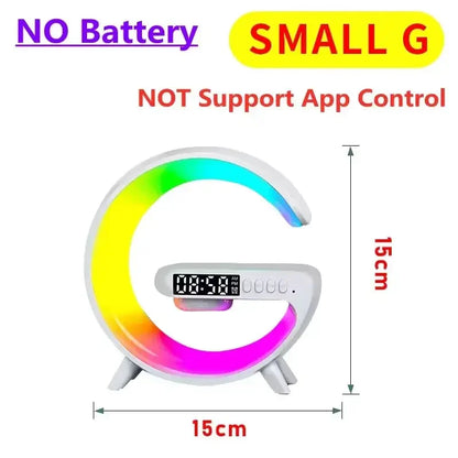 Small G-shaped LED alarm clock with rainbow color lights, 15cm size, no battery, no app control