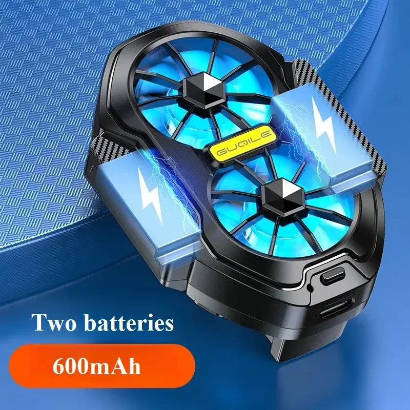 Portable dual-fan smartphone cooler with blue LED lights and 600mAh dual batteries on blue surface