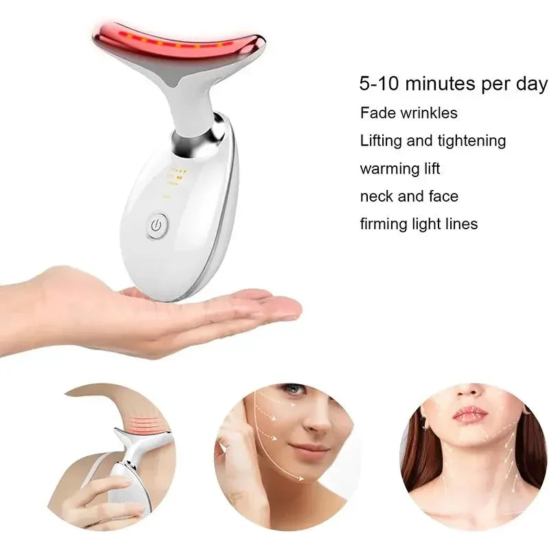 Handheld LED facial and neck massager device with red light therapy to reduce wrinkles and firm skin