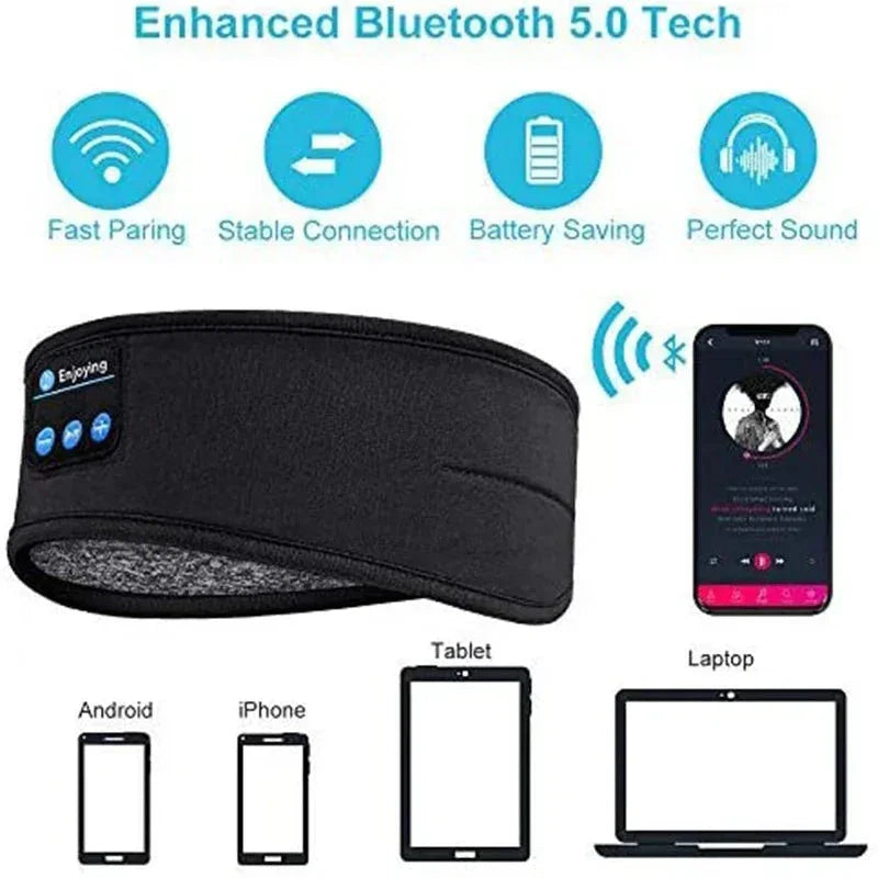 Black Bluetooth 5.0 wireless headband for Android, iPhone, tablet, and laptop with fast pairing and battery saving