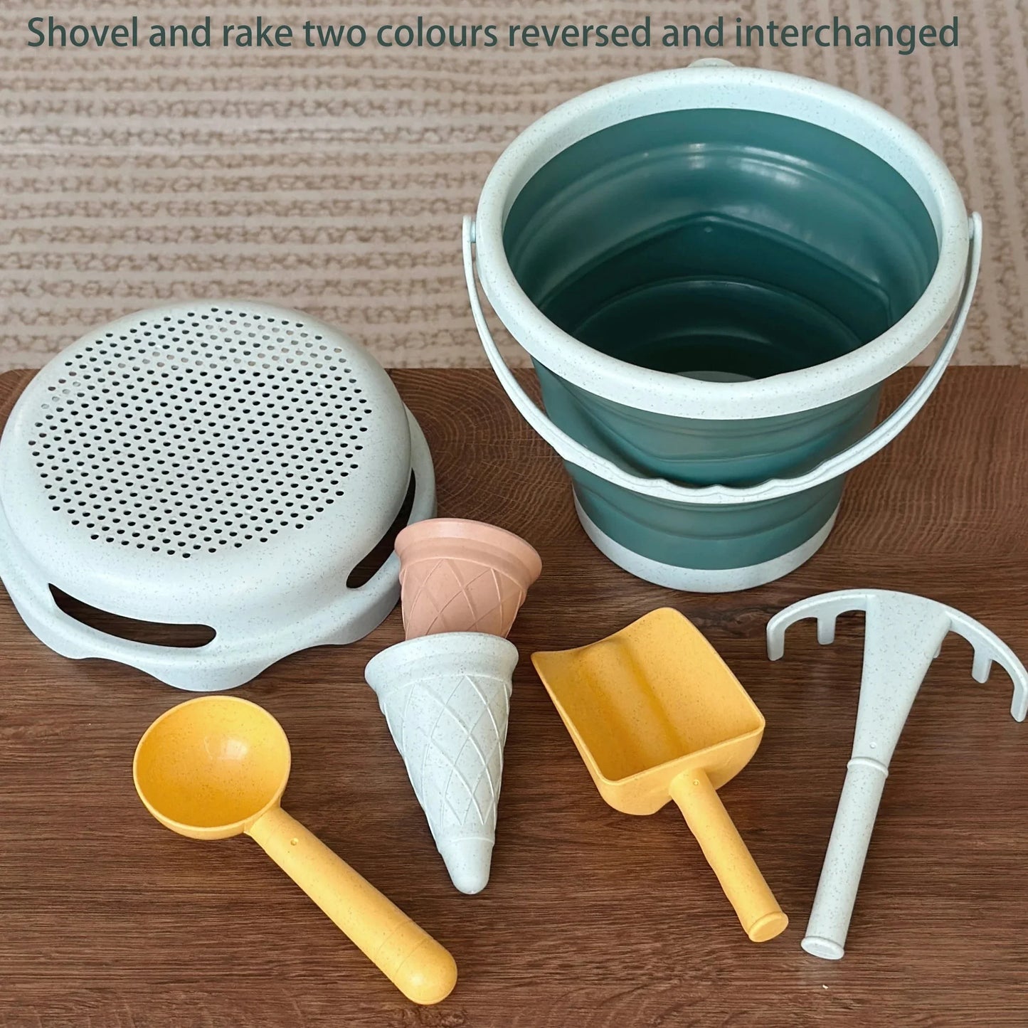 Best Collapsible Beach Bucket for Kids - 7-in-1 Sand Toys Set with Shovel, Rake, and Ice Cream Molds for Toddlers' Beach Sandbox Fun - Wahtrends