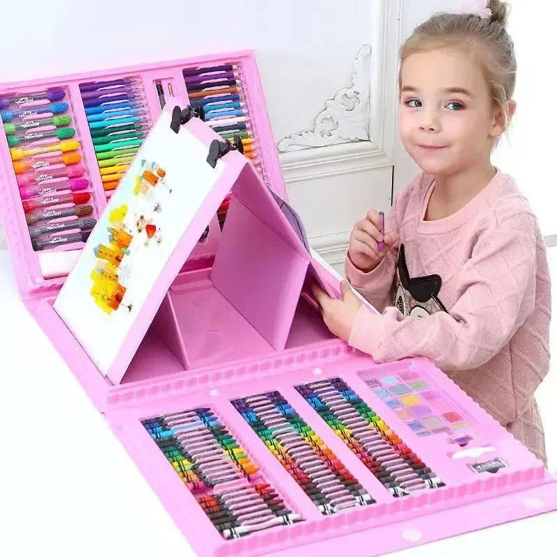 208-Piece Deluxe Kids Art Set – Pink Portable Easel Studio with Washable Markers, Crayons & Watercolours - Wahtrends