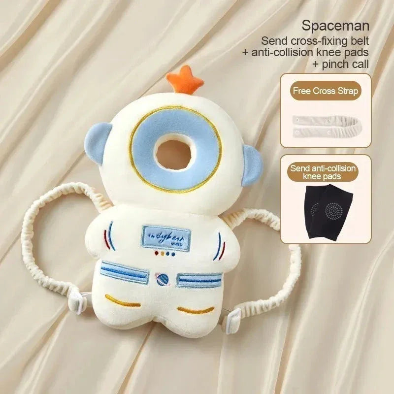 White and blue spaceman baby safety harness with cross strap and anti-collision knee pads on beige background