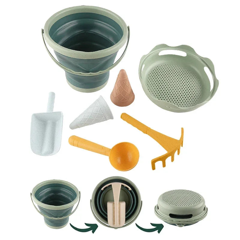 Best Collapsible Beach Bucket for Kids - 7-in-1 Sand Toys Set with Shovel, Rake, and Ice Cream Molds for Toddlers' Beach Sandbox Fun - Wahtrends