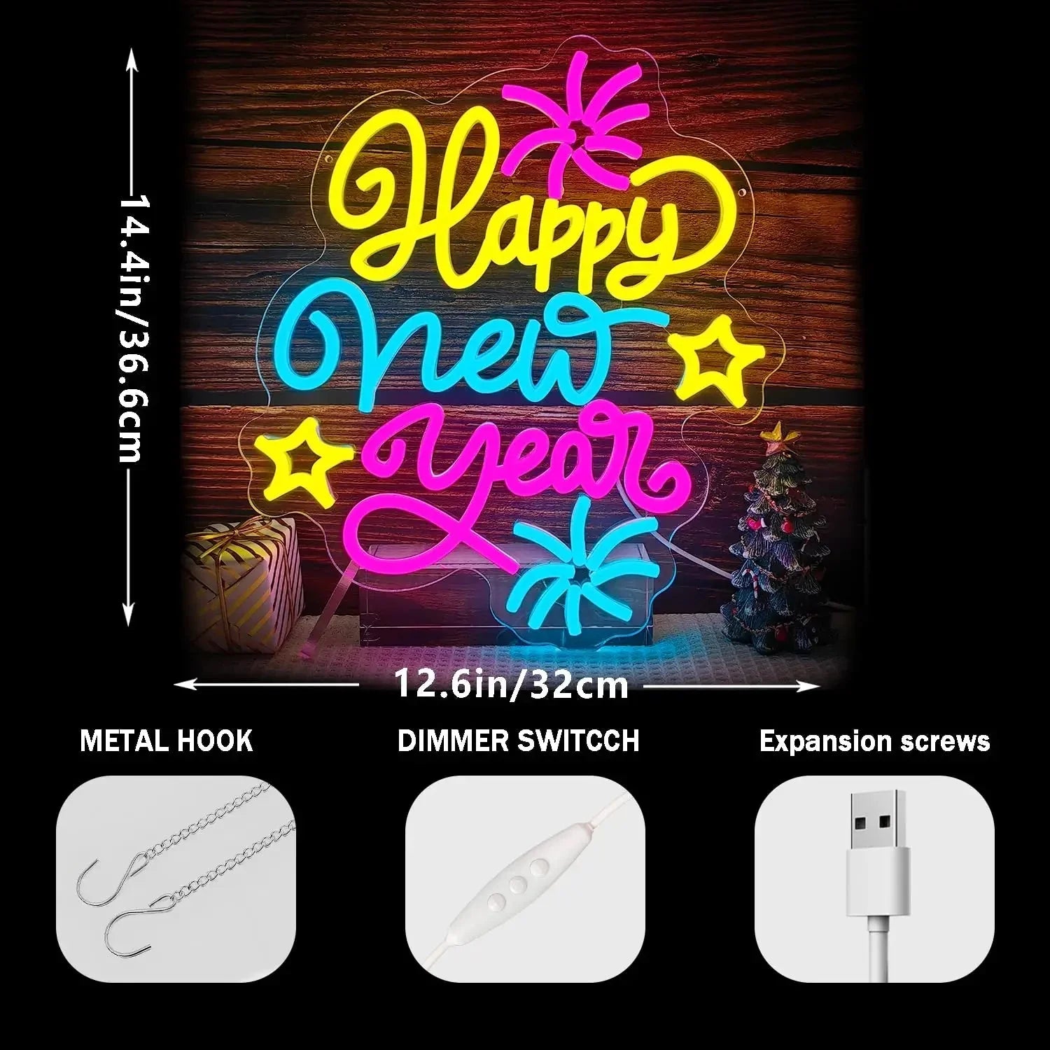Happy New Year LED Neon Sign – Multicolored Dimmable Wall Light | USB Powered Party & Holiday Decor - Wahtrends