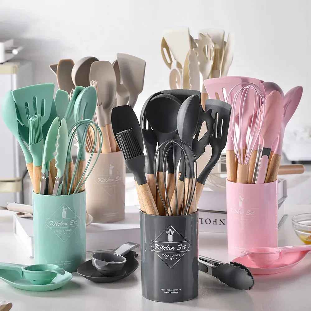 12-Piece Silicone Kitchen Utensils Set – Heat-Resistant Non-Stick Cooking Tools with Wooden Handles & Holder - Wahtrends