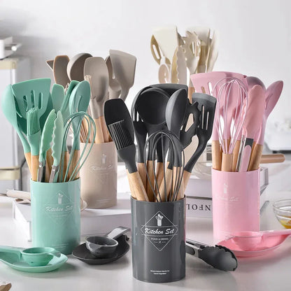 12-Piece Silicone Kitchen Utensils Set – Heat-Resistant Non-Stick Cooking Tools with Wooden Handles & Holder - Wahtrends