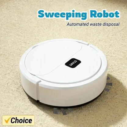 White automated sweeping robot on beige carpet with start button and side brushes