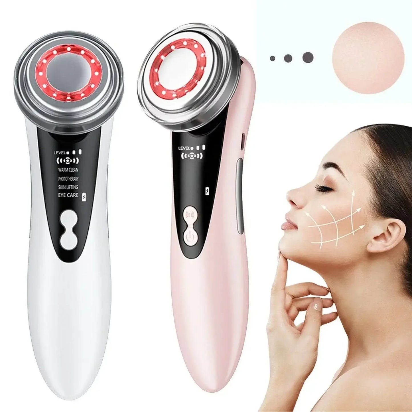 White and pink handheld facial devices with red LED lights for skin care, next to a woman using lifting treatment