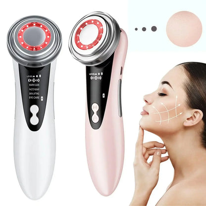 White and pink handheld facial devices with red LED lights for skin care, next to a woman using lifting treatment
