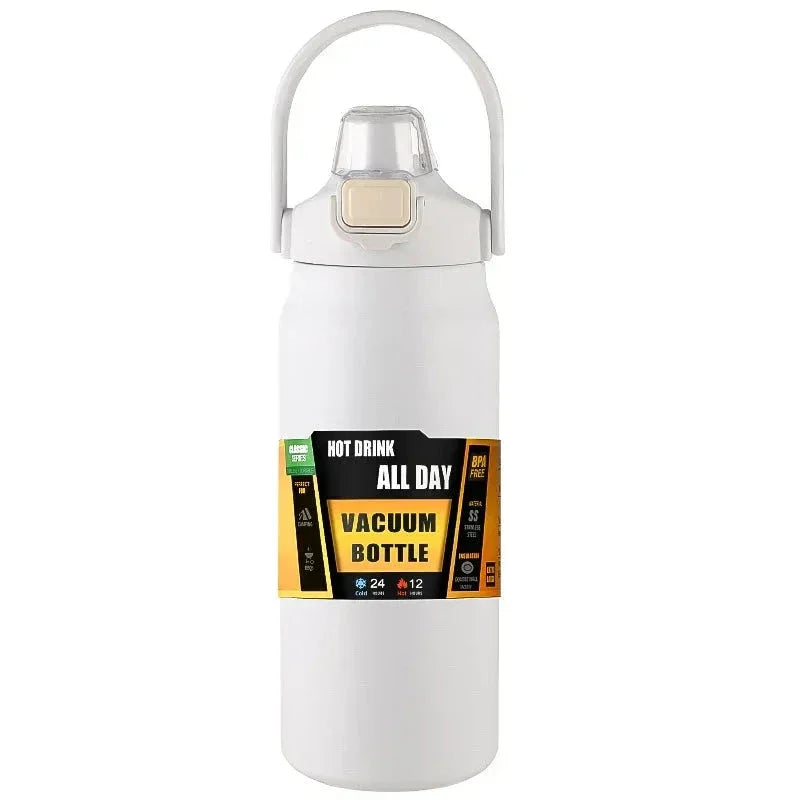 White vacuum bottle with handle and label highlighting 24 hours cold and 12 hours hot drink capability