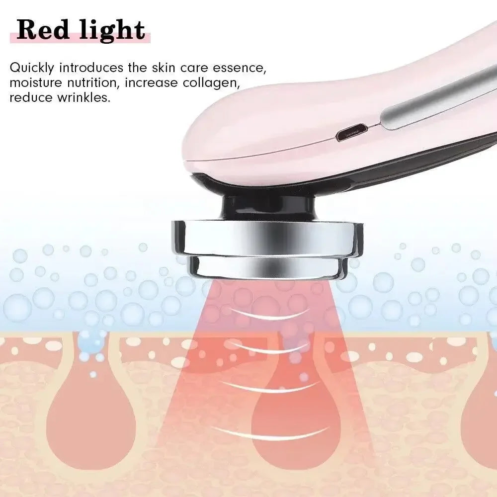 Pink handheld red light skincare device emitting red light onto skin layers to boost collagen and reduce wrinkles