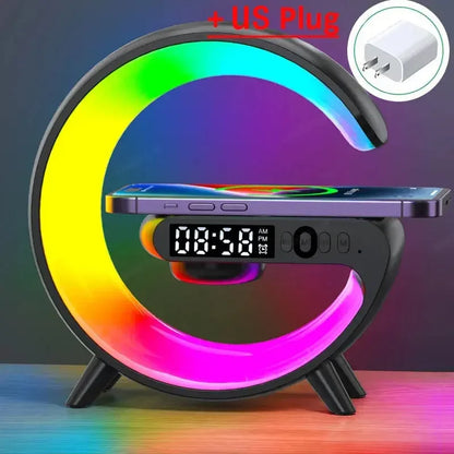Circular RGB LED desk lamp with digital clock and wireless phone charger, US plug included