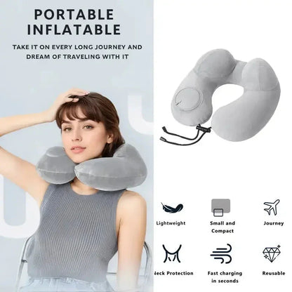 Portable Press-Inflate Neck Pillow – Self-Inflating U-Shape Travel Pillow for Airplane, Car & Office Naps - Wahtrends