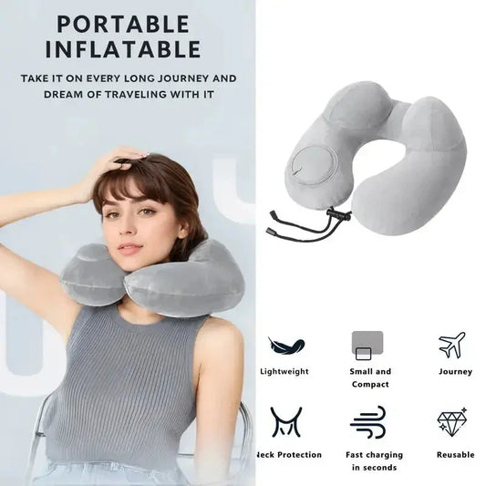 Portable Press-Inflate Neck Pillow – Self-Inflating U-Shape Travel Pillow for Airplane, Car & Office Naps - Wahtrends
