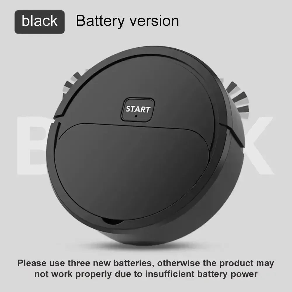 black battery-powered robotic vacuum cleaner with start button and side brushes