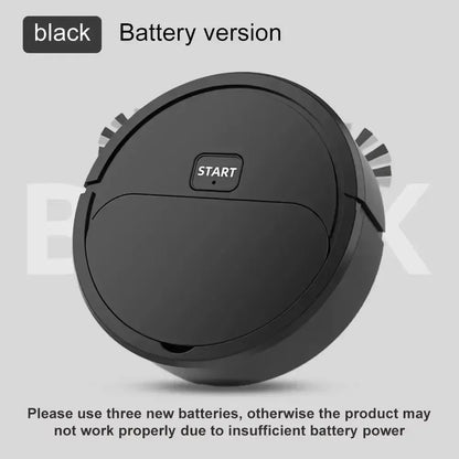 black battery-powered robotic vacuum cleaner with start button and side brushes