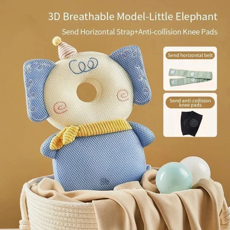 3D breathable little elephant baby head protector pillow with horizontal strap and anti-collision knee pads