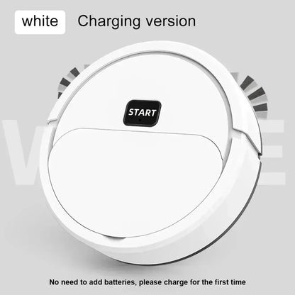 White round robot vacuum cleaner with start button and charging version label