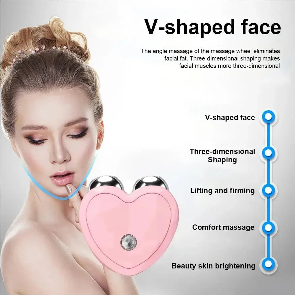 Woman using pink heart-shaped facial massager highlighting V-shaped face benefits