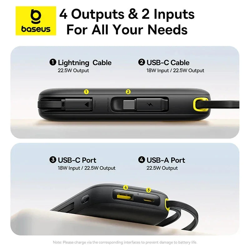 Baseus power bank showing 4 outputs and 2 inputs with Lightning, USB-C cables, USB-C and USB-A ports